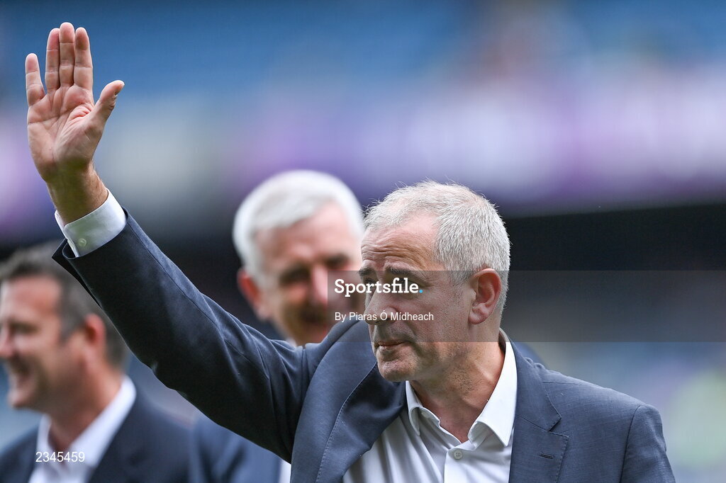 24 July 2022; Ciarán O’Hare of the 1995 Dublin All-Ireland winning team as the Jubilee teams are introduced to the crowd before the GAA All-Ireland Senior Football Championship Final match between Kerry and Galway at Croke Park in Dublin. Photo by Piaras Ó Mídheach/Sportsfile