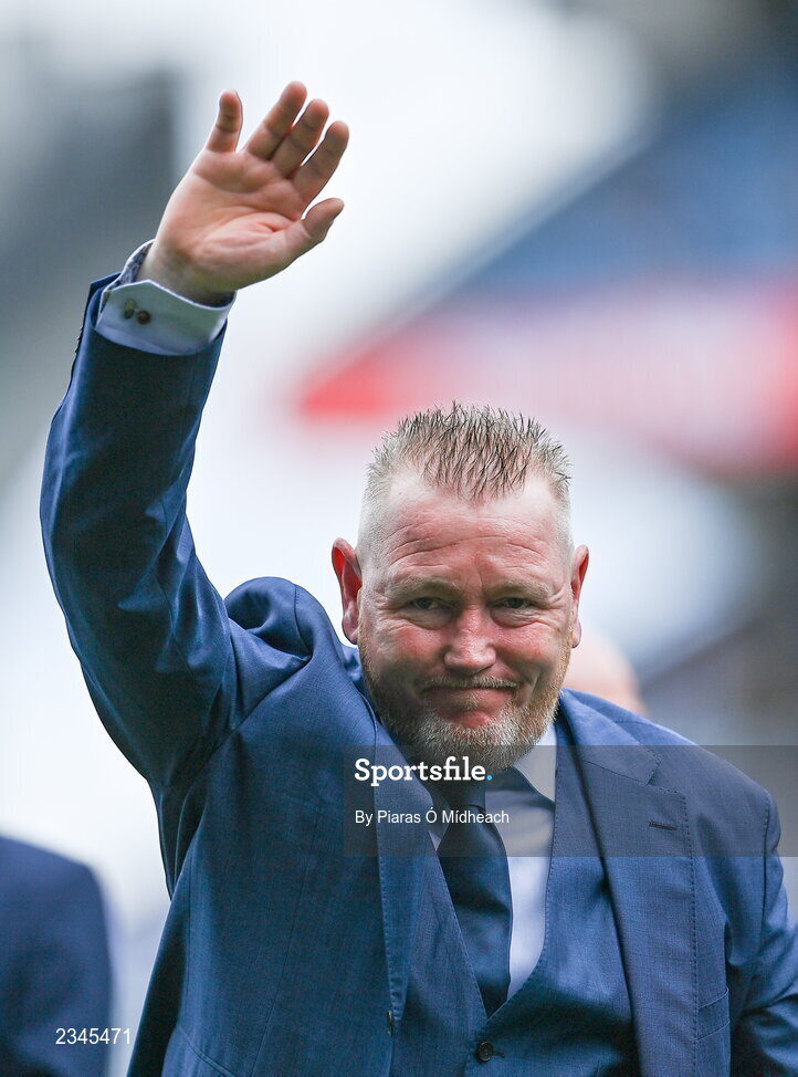 24 July 2022; Wayne Daly of the 1995 Dublin All-Ireland winning team as the Jubilee teams are introduced to the crowd before the GAA All-Ireland Senior Football Championship Final match between Kerry and Galway at Croke Park in Dublin. Photo by Piaras Ó Mídheach/Sportsfile
