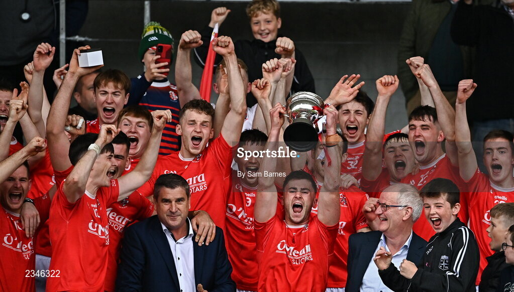 2 October 2022; Jason Sampson of Shinrone lifts the Sean Robbins Cup  after his side's victory in  the Offaly County Senior Hurling Championship Final match between Kilcormac-Killoughey and Shinrone at O'Connor Park in Tullamore, Offaly. Photo by Sam Barnes/Sportsfile