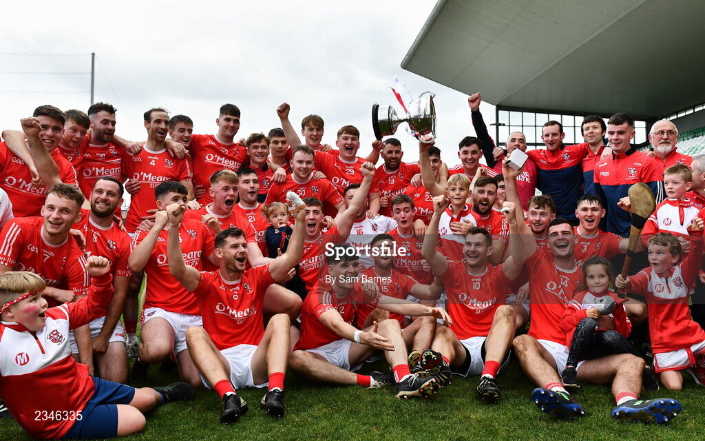 2 October 2022; Shinrone players celebrate with the Sean Robbins Cup after their side's victory in the Offaly County Senior Hurling Championship Final match between Kilcormac-Killoughey and Shinrone at O'Connor Park in Tullamore, Offaly. Photo by Sam Barnes/Sportsfile