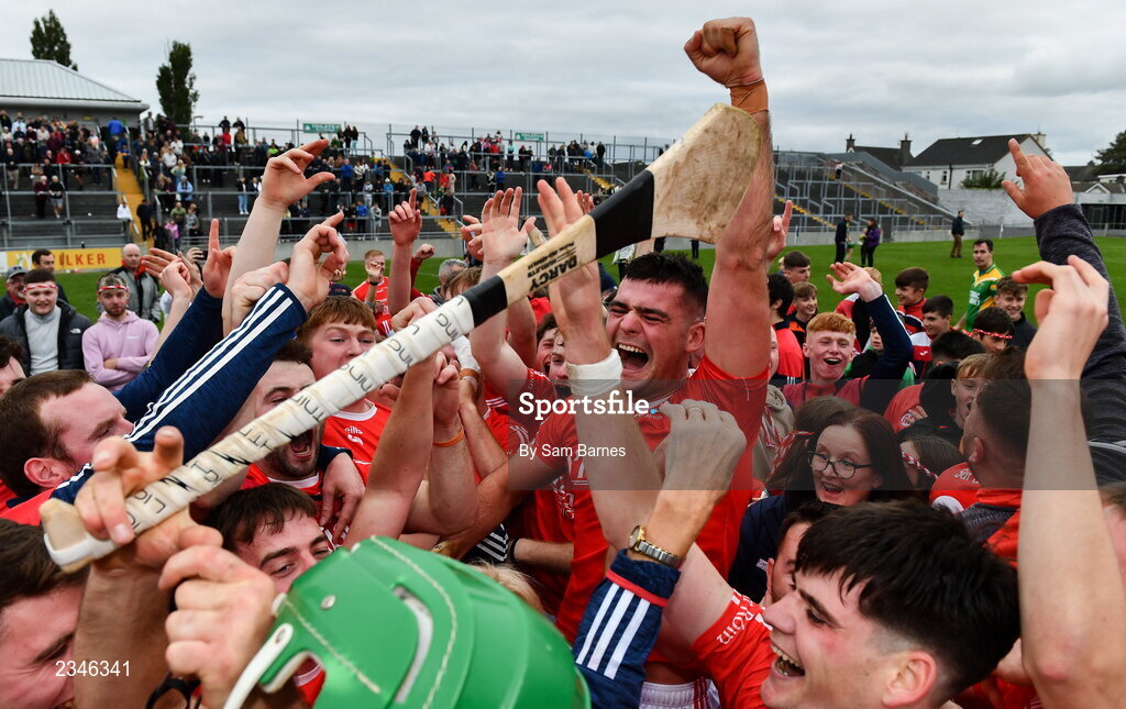 2 October 2022; Shinrone players, including Ciarán Cleary, centre, celebrate after their side's victory in the Offaly County Senior Hurling Championship Final match between Kilcormac-Killoughey and Shinrone at O'Connor Park in Tullamore, Offaly. Photo by Sam Barnes/Sportsfile