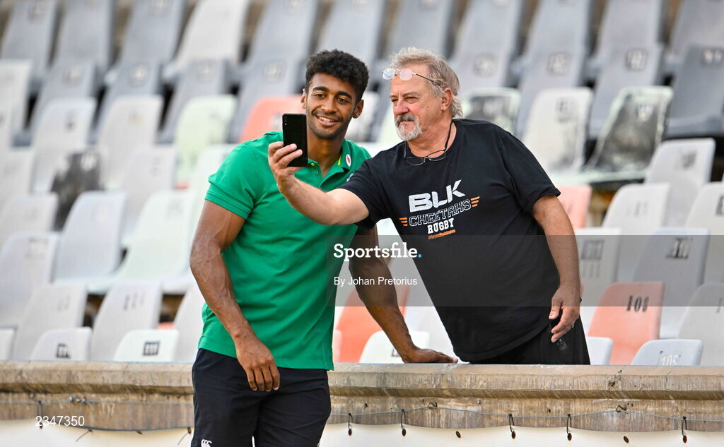 5 October 2022; Robert Baloucoune of Emerging Ireland taking selfie with a supporter before the Toyota Challenge match between Airlink Pumas and Emerging Ireland at Toyota Stadium in Bloemfontein, South Africa. Photo by Johan Pretorius/Sportsfile
