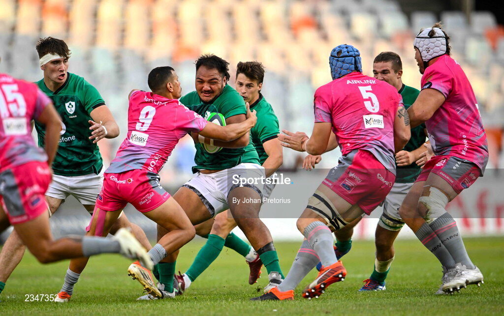 5 October 2022; Roman Salanoa of Emerging Ireland breaks through the Airlink Pumas defence during the Toyota Challenge match between Airlink Pumas and Emerging Ireland at Toyota Stadium in Bloemfontein, South Africa. Photo by Johan Pretorius/Sportsfile