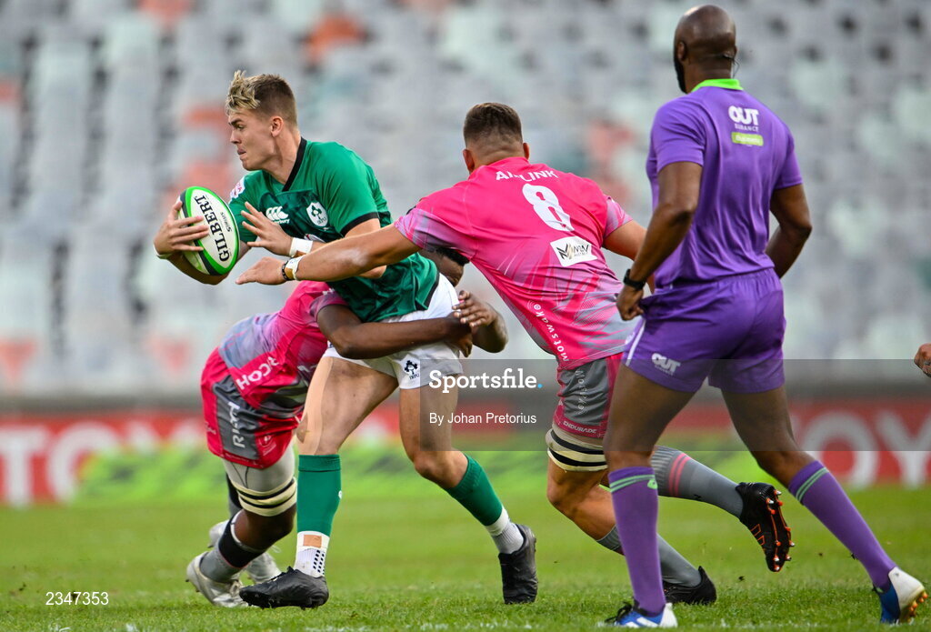 5 October 2022; Jake Flannery of Emerging Ireland breaks through the Airlink Pumas defence during the Toyota Challenge match between Airlink Pumas and Emerging Ireland at Toyota Stadium in Bloemfontein, South Africa. Photo by Johan Pretorius/Sportsfile