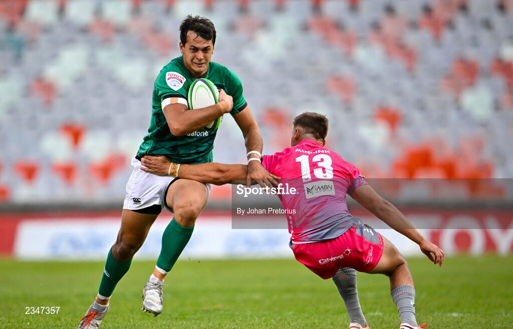 5 October 2022; Antoine Frisch of Emerging Ireland in action against Sebastian De Klerk of Airlink Pumas during the Toyota Challenge match between Airlink Pumas and Emerging Ireland at Toyota Stadium in Bloemfontein, South Africa. Photo by Johan Pretorius/Sportsfile