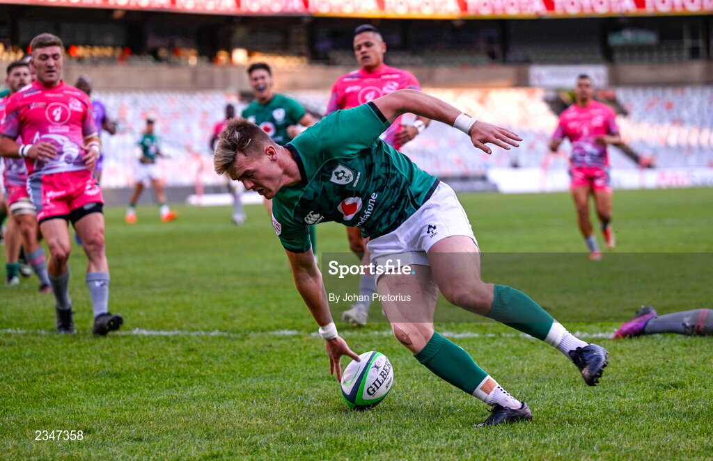 5 October 2022; Jake Flannery of Ireland scoring his side's third try during the Toyota Challenge match between Airlink Pumas and Emerging Ireland at Toyota Stadium in Bloemfontein, South Africa. Photo by Johan Pretorius/Sportsfile