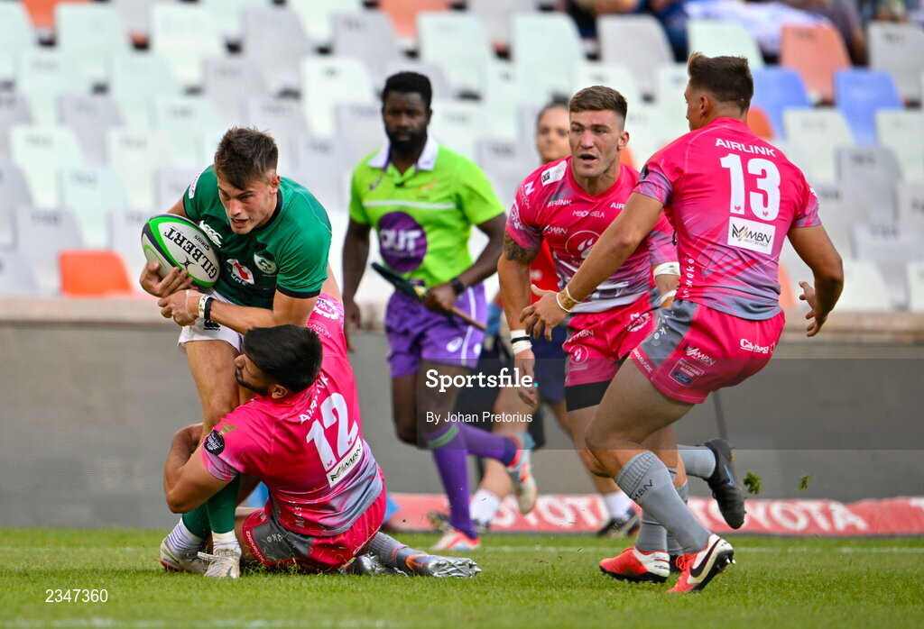 5 October 2022; Ethan McIlroy of Emerging Ireland is tackled by Wian Van Niekerk of Airlink Pumas during the Toyota Challenge match between Airlink Pumas and Emerging Ireland at Toyota Stadium in Bloemfontein, South Africa. Photo by Johan Pretorius/Sportsfile