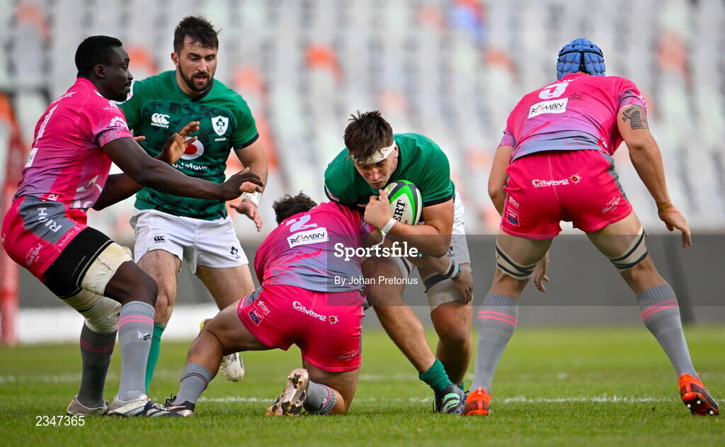 5 October 2022; Brian Deeny of Emerging Ireland is tackled by Eduan Swart of Airlink Pumas during the Toyota Challenge match between Airlink Pumas and Emerging Ireland at Toyota Stadium in Bloemfontein, South Africa. Photo by Johan Pretorius/Sportsfile