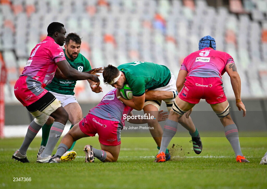 5 October 2022; Brian Deeny of Emerging Ireland is tackled by Eduan Swart of Airlink Pumas during the Toyota Challenge match between Airlink Pumas and Emerging Ireland at Toyota Stadium in Bloemfontein, South Africa. Photo by Johan Pretorius/Sportsfile
