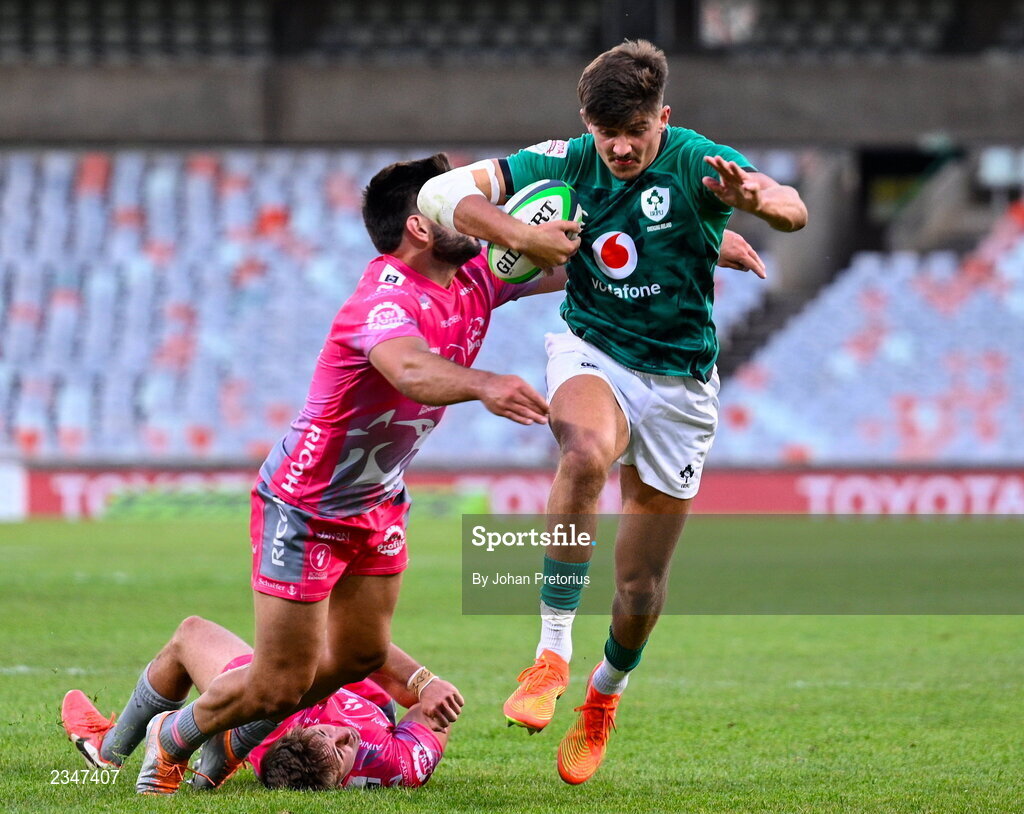 5 October 2022; Chay Mullins of Emerging Ireland is tackled by Devon Williams of Airlink Pumas during the Toyota Challenge match between Airlink Pumas and Emerging Ireland at Toyota Stadium in Bloemfontein, South Africa. Photo by Johan Pretorius/Sportsfile