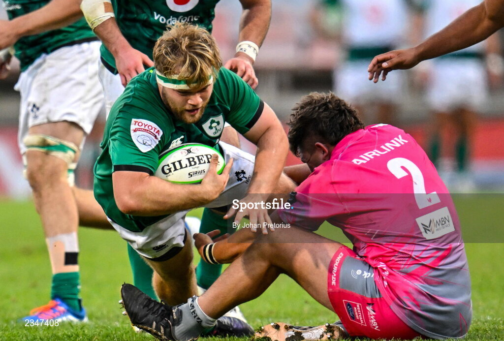 5 October 2022; Callum Reid of Emerging Ireland is tackled by Eduan Swart of Airlink Pumas during the Toyota Challenge match between Airlink Pumas and Emerging Ireland at Toyota Stadium in Bloemfontein, South Africa. Photo by Johan Pretorius/Sportsfile