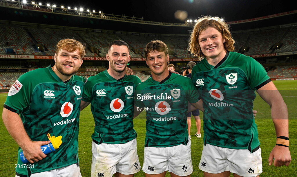 5 October 2022; Emerging Ireland players, from left, Callum Reid, Andrew Smith, Michael McDonald and Cian Prendergast after the Toyota Challenge match between Airlink Pumas and Emerging Ireland at Toyota Stadium in Bloemfontein, South Africa. Photo by Johan Pretorius/Sportsfile