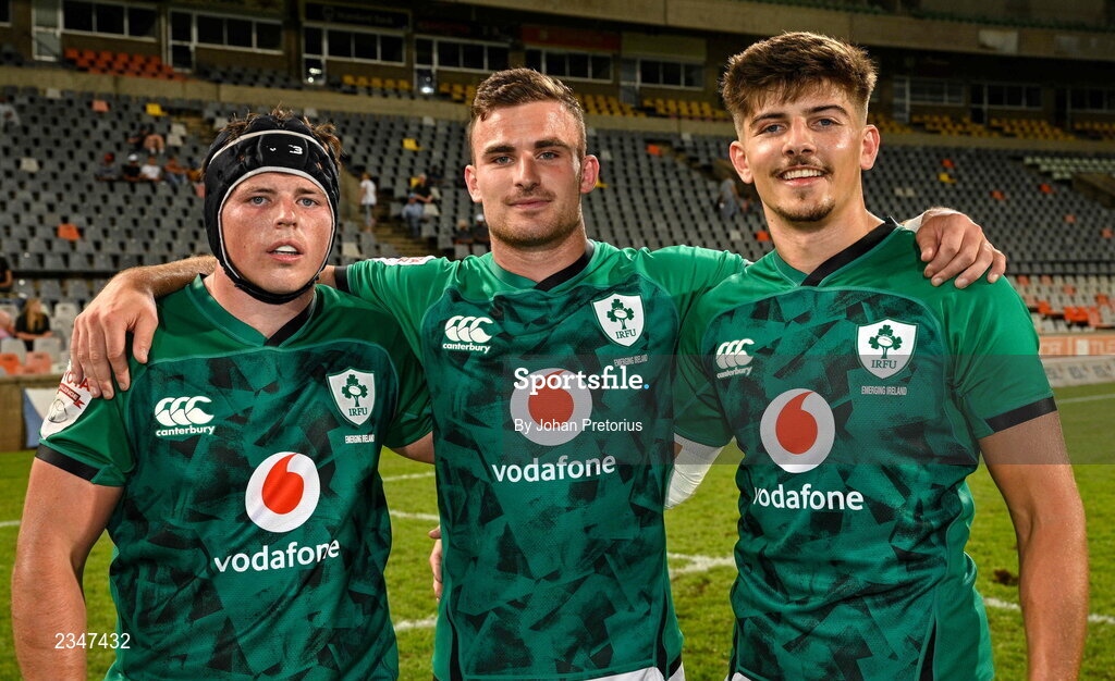 5 October 2022; Emerging Ireland players, from left, Josh Wycherley, Shane Daly and Chay Mullins after the Toyota Challenge match between Airlink Pumas and Emerging Ireland at Toyota Stadium in Bloemfontein, South Africa. Photo by Johan Pretorius/Sportsfile