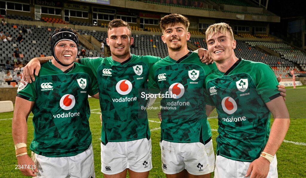 5 October 2022; Emerging Ireland players, from left, Josh Wycherley, Shane Daly, Chay Mullins and Jake Flannery after the Toyota Challenge match between Airlink Pumas and Emerging Ireland at Toyota Stadium in Bloemfontein, South Africa. Photo by Johan Pretorius/Sportsfile