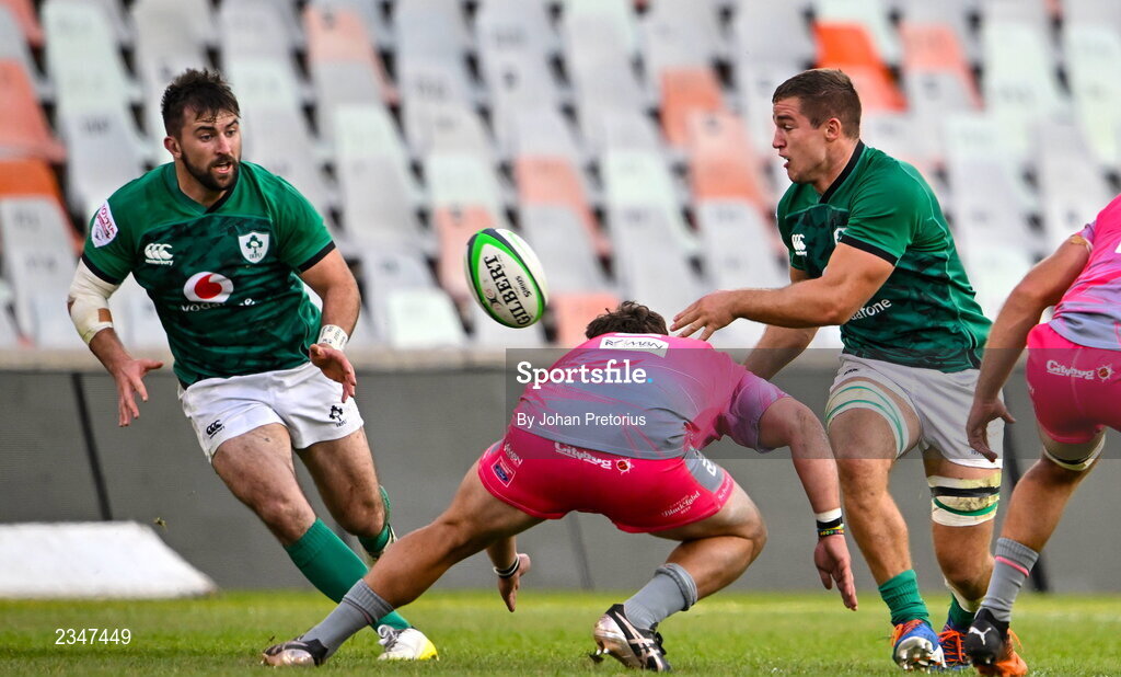 5 October 2022; Scott Penny of Emerging Ireland, right, passes to teammate Diarmuid Barron during the Toyota Challenge match between Airlink Pumas and Emerging Ireland at Toyota Stadium in Bloemfontein, South Africa. Photo by Johan Pretorius/Sportsfile