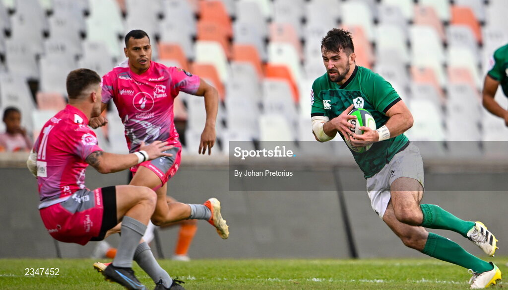 5 October 2022; Diarmuid Barron of Emerging Ireland in action against Ettiene Taljaard of Airlink Pumas during the Toyota Challenge match between Airlink Pumas and Emerging Ireland at Toyota Stadium in Bloemfontein, South Africa. Photo by Johan Pretorius/Sportsfile