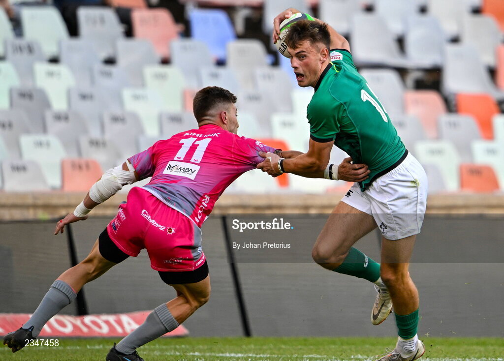 5 October 2022; Ethan McIlroy of Emerging Ireland is tackled by during the Toyota Challenge match between Airlink Pumas and Emerging Ireland at Toyota Stadium in Bloemfontein, South Africa. Photo by Johan Pretorius/Sportsfile