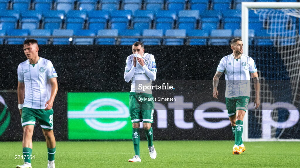 6 October 2022; Shamrock Rovers players, from left, Justin Ferizaj, Sean Kavanagh and Lee Grace after their side concede a first goal, scored by Ola Brynhildsen of Molde, during the UEFA Europa Conference League group F match between Molde and Shamrock Rovers at Aker Stadion in Molde, Norway. Photo by Marius Simensen/Sportsfile
