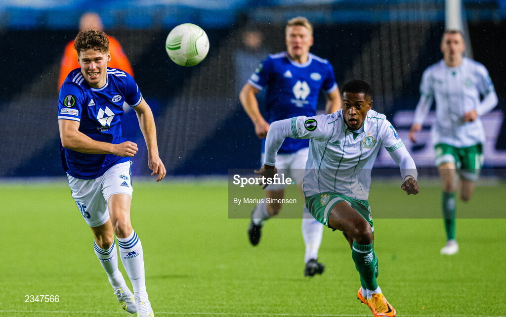 6 October 2022; Aidomo Emakhu of Shamrock Rovers in action against Emil Breivik of Molde during the UEFA Europa Conference League group F match between Molde and Shamrock Rovers at Aker Stadion in Molde, Norway. Photo by Marius Simensen/Sportsfile