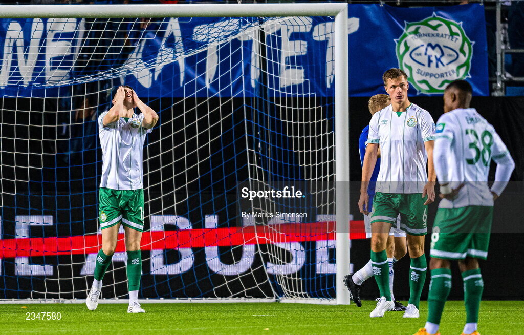 6 October 2022; Shamrock Rovers players Gary O'Neill, left, and Daniel Cleary after their side conceded a second goal, scored by Ola Brynhildsen of Molde, during the UEFA Europa Conference League group F match between Molde and Shamrock Rovers at Aker Stadion in Molde, Norway. Photo by Marius Simensen/Sportsfile