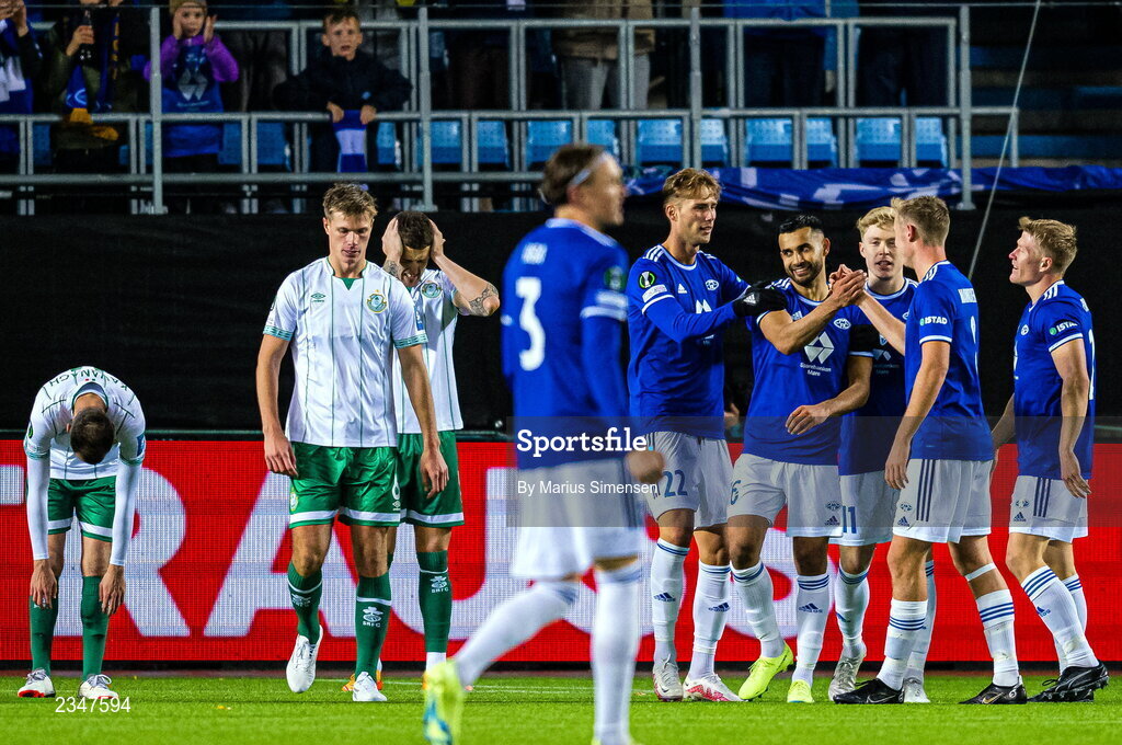 6 October 2022; Etzaz Hussain of Molde, centre, celebrates with teammates after scoring their side's third goal during the UEFA Europa Conference League group F match between Molde and Shamrock Rovers at Aker Stadion in Molde, Norway. Photo by Marius Simensen/Sportsfile