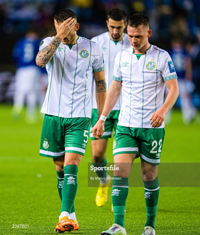 6 October 2022; Lee Grace, left, and Andy Lyons of Shamrock Rovers after their side's defeat in the UEFA Europa Conference League group F match between Molde and Shamrock Rovers at Aker Stadion in Molde, Norway. Photo by Marius Simensen/Sportsfile