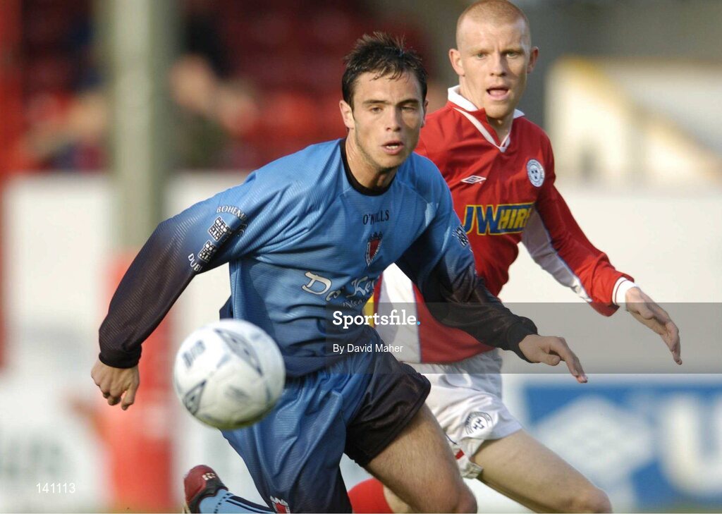 28 May 2004; Stephen Rice, Bohemians, in action against Glen Fitzpatrick, Shelbourne. eircom league, Premier Division, Shelbourne v Bohemians, Tolka Park, Dublin. Picture credit; David Maher / SPORTSFILE