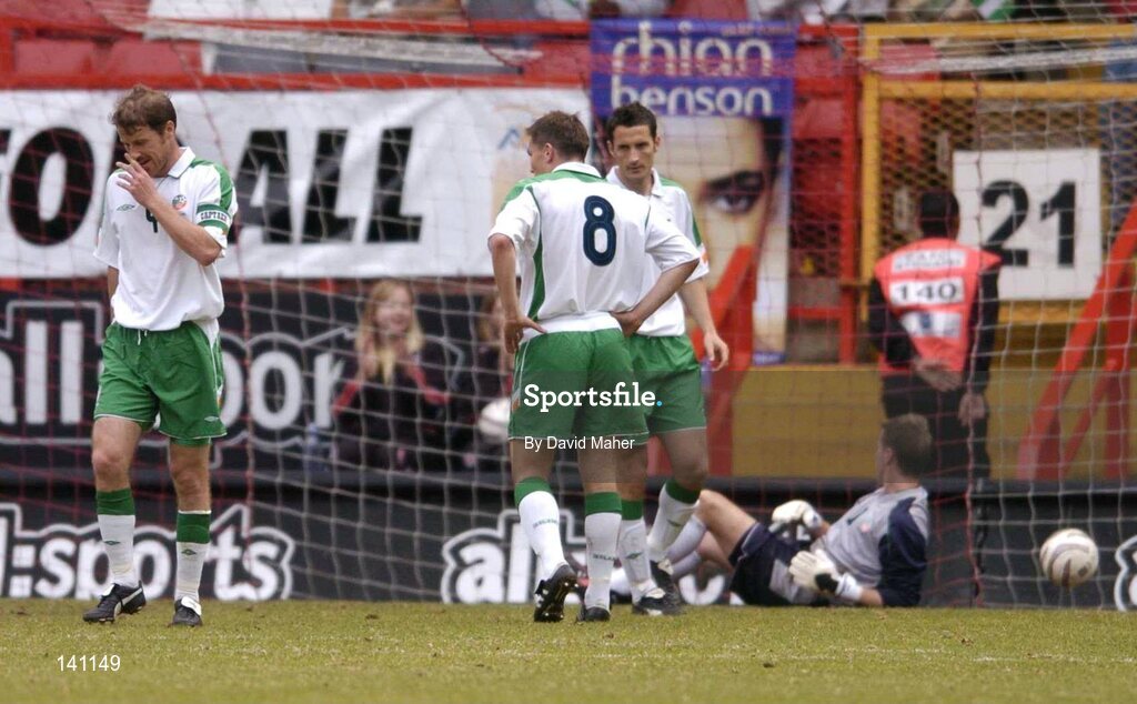 29 May 2004; Dejected Republic of Ireland players, l to r, Kenny Cunningham, Matt Holland, Clive Clarke and goalkeeper Nicky Colgan look on after Obafemi Martins, Nigeria,  scored his sides second goal. Unity Cup, Republic of Ireland v Nigeria, The Valley, London. Picture credit; David Maher / SPORTSFILE