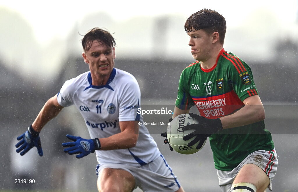 9 October 2022; Kieran Dennehy of Mid Kerry in action against Josh Crowley Holland of Templenoe during the Kerry County Senior Club Football Championship quarter-final match between Mid Kerry and Templenoe at Fitzgerald Stadium in Killarney, Kerry. Photo by Brendan Moran/Sportsfile