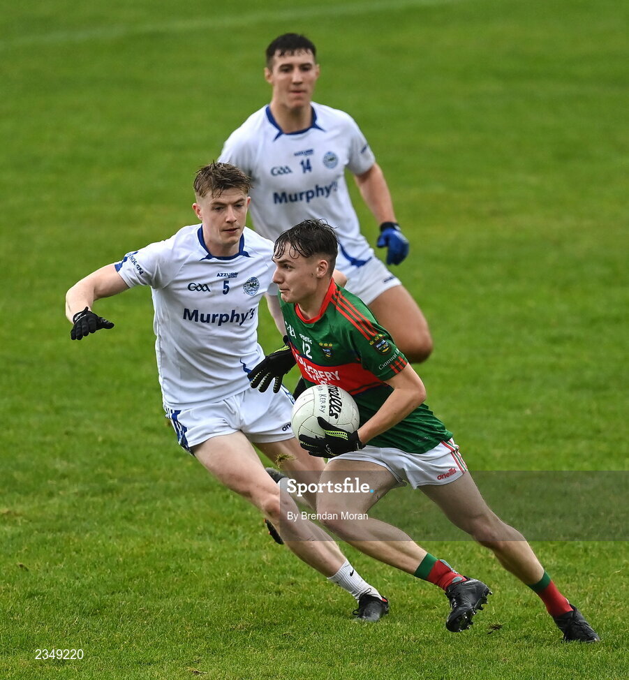 9 October 2022; Keith Evans of Mid Kerry in action against Patrick Clifford and Colin Crowley of Templenoe during the Kerry County Senior Club Football Championship quarter-final match between Mid Kerry and Templenoe at Fitzgerald Stadium in Killarney, Kerry. Photo by Brendan Moran/Sportsfile