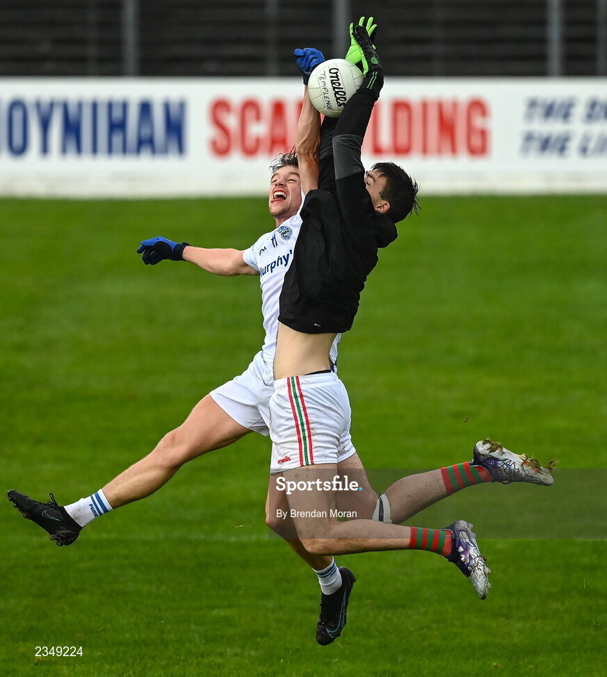 9 October 2022; Josh Crowley Holland of Templenoe in action against Mid Kerry goalkeeper Sean Coffey during the Kerry County Senior Club Football Championship quarter-final match between Mid Kerry and Templenoe at Fitzgerald Stadium in Killarney, Kerry. Photo by Brendan Moran/Sportsfile