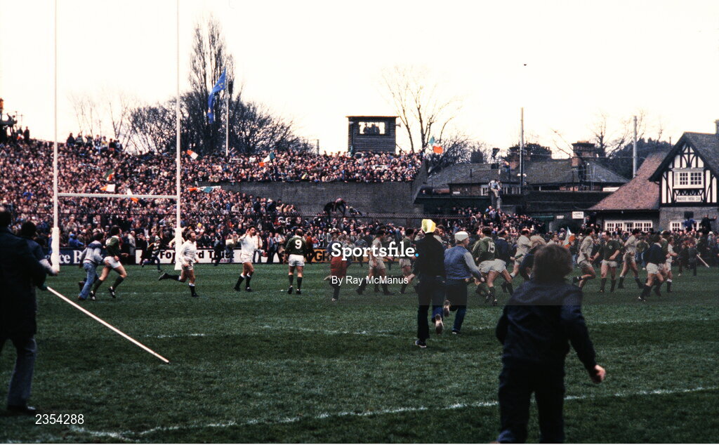19 March 1983; Ireland supporters run onto the pitch to celebrate their side's victory in the Five Nations Rugby Championship match between Ireland and England at Lansdowne Road in Dublin. Photo by Ray McManus/Sportsfile