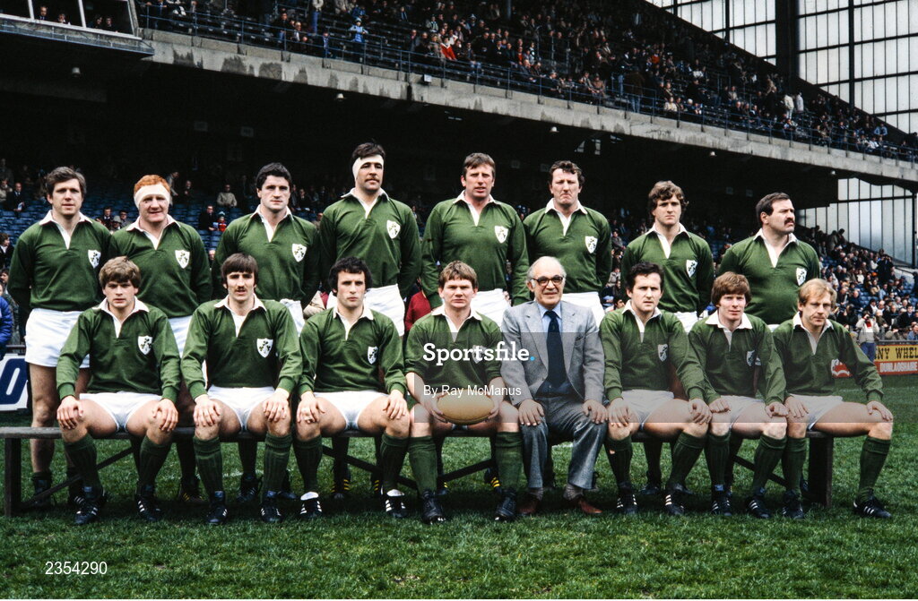 19 March 1983; The Ireland rugby team that won a share of the 1983 Five Nations Rugby Championship, back row from left, Fergus Slattery, Gerry "Ginger" McLoughlin, John O'Driscoll, Donal Lenihan, Moss Keane, Willie Duggan, Hugo MacNeill, and Phil Orr, with front row, from left, Trevor Ringland, David Irwin, Michael Kiernan, Ciaran Fitzgerald, Moss Finn, Ollie Campbell, and Robbie McGrath before the Five Nations Rugby Championship match between Ireland and England at Lansdowne Road in Dublin. Photo by Ray McManus/Sportsfile