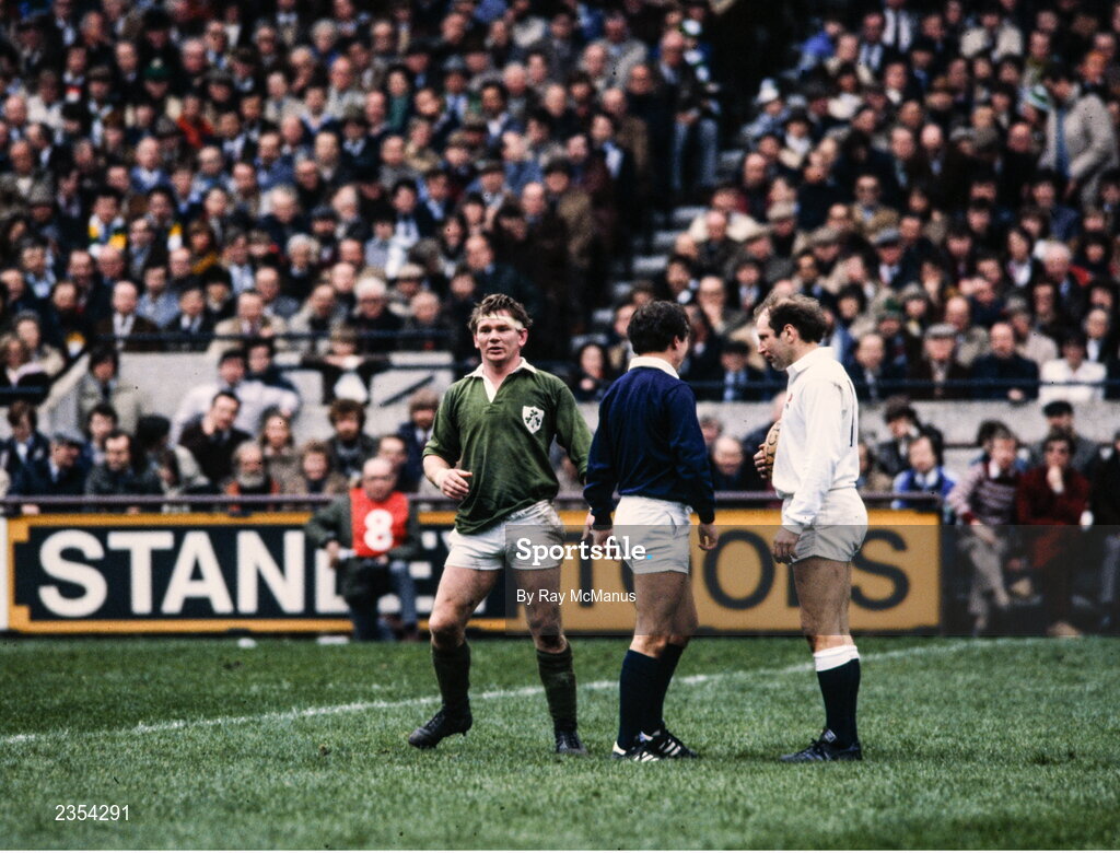 19 March 1983; Ireland captain Ciaran Fitzgerald, left, with referee JB Anderson and Dusty Hare of England during the Five Nations Rugby Championship match between Ireland and England at Lansdowne Road in Dublin. Photo by Ray McManus/Sportsfile