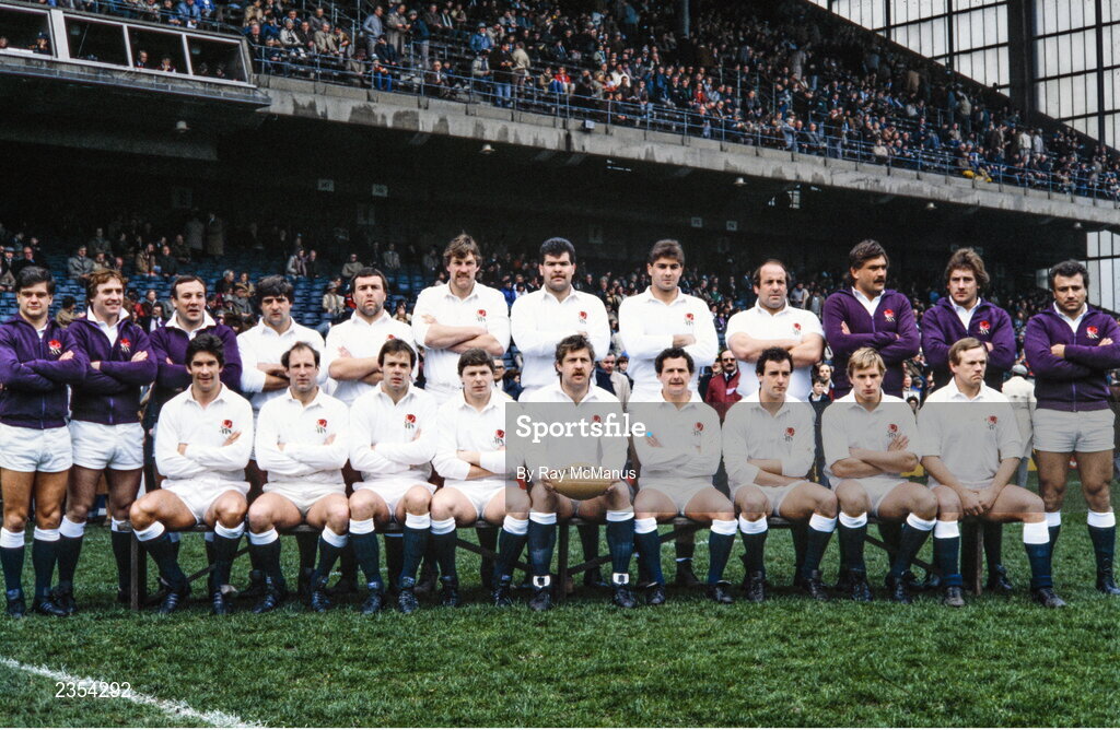 19 March 1983; The England starting team and substitutes, back row, fourth from left, Nick Youngs, Gary Pearse, Steve Bainbridge, Steve Boyle, Nick Jeavons, Colin Smart, and substitutes, with front row, from left, Paul Dodge, Dusty Hare, Clive Woodward, John Carleton, John Scott, John Horton, David Trick, Peter Winterbottom and Peter Wheeler before the Five Nations Rugby Championship match between Ireland and England at Lansdowne Road in Dublin. Photo by Ray McManus/Sportsfile
