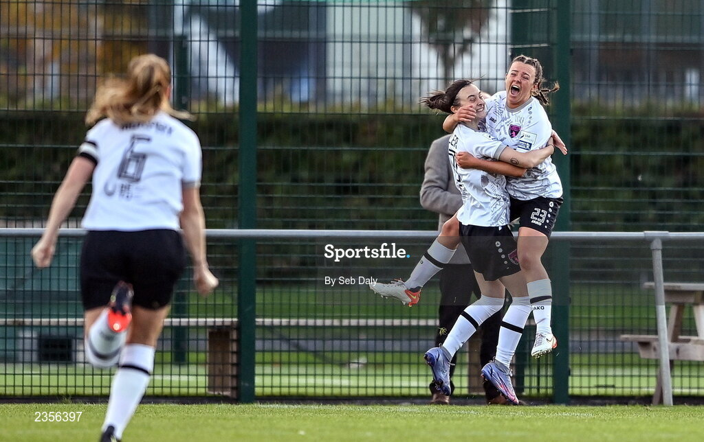 22 October 2022; Jess Lawler of Wexford Youths, left, celebrates with teammate Emma Walker after scoring their side's first goal during the SSE Airtricity Women's National League match between Peamount United and Wexford Youths at PRL Park in Greenogue, Dublin. Photo by Seb Daly/Sportsfile