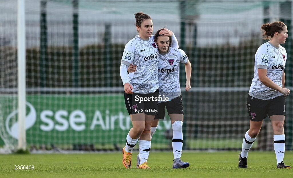 22 October 2022; Jess Lawler of Wexford Youths, centre, celebrates with teammate Ciara Rossiter after scoring their side's first goal during the SSE Airtricity Women's National League match between Peamount United and Wexford Youths at PRL Park in Greenogue, Dublin. Photo by Seb Daly/Sportsfile