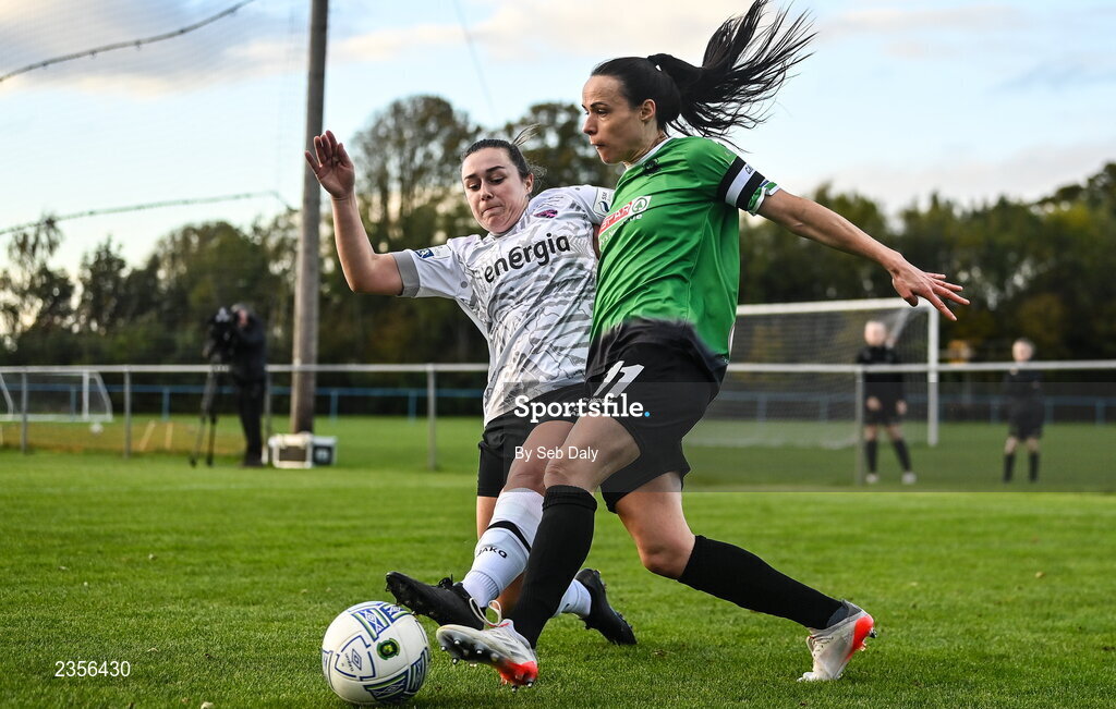 22 October 2022; Aine O'Gorman of Peamount United in action against Orlaith Conlon of Wexford Youths during the SSE Airtricity Women's National League match between Peamount United and Wexford Youths at PRL Park in Greenogue, Dublin. Photo by Seb Daly/Sportsfile
