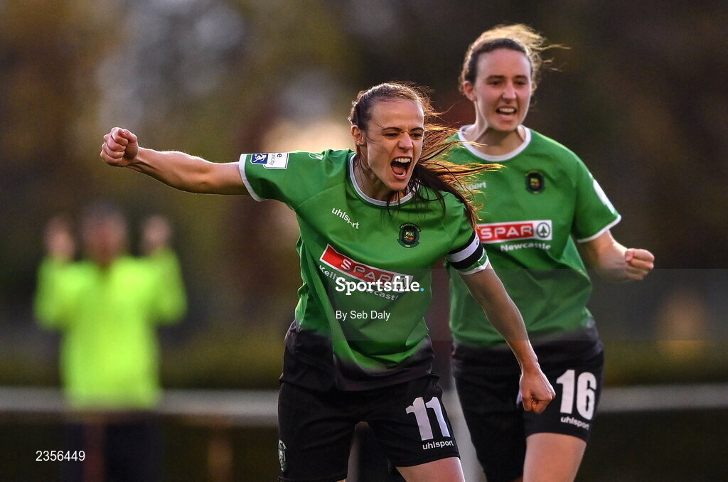 22 October 2022; Aine O'Gorman, left, and Karen Duggan of Peamount United celebrate their side's first goal, scored by teammate Chloe Moloney, not pictured, during the SSE Airtricity Women's National League match between Peamount United and Wexford Youths at PRL Park in Greenogue, Dublin. Photo by Seb Daly/Sportsfile