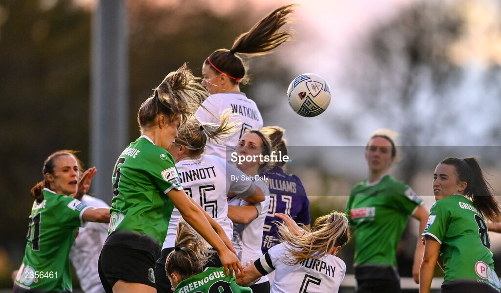 22 October 2022; Chloe Moloney of Peamount United, left, scores her side's first goal during the SSE Airtricity Women's National League match between Peamount United and Wexford Youths at PRL Park in Greenogue, Dublin. Photo by Seb Daly/Sportsfile