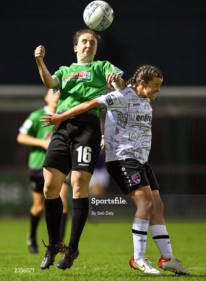 22 October 2022; Karen Duggan of Peamount United in action against Emma Walker of Wexford Youths during the SSE Airtricity Women's National League match between Peamount United and Wexford Youths at PRL Park in Greenogue, Dublin. Photo by Seb Daly/Sportsfile