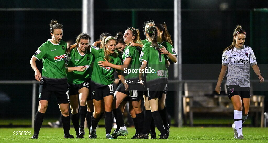 22 October 2022; Peamount United players celebrate their side's second goal during the SSE Airtricity Women's National League match between Peamount United and Wexford Youths at PRL Park in Greenogue, Dublin. Photo by Seb Daly/Sportsfile