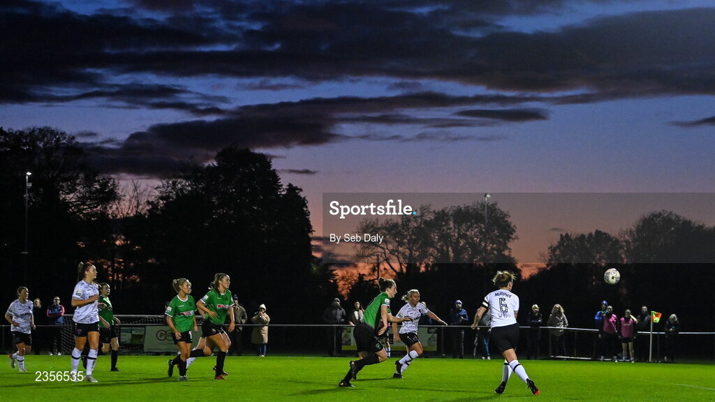 22 October 2022; Kylie Murphy of Wexford Youths, right, scores her side's second goal during the SSE Airtricity Women's National League match between Peamount United and Wexford Youths at PRL Park in Greenogue, Dublin. Photo by Seb Daly/Sportsfile