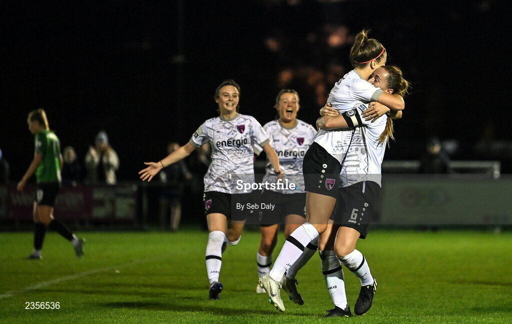 22 October 2022; Kylie Murphy of Wexford Youths, right, celebrates with teammate Becky Watkins after scoring their side's second goal during the SSE Airtricity Women's National League match between Peamount United and Wexford Youths at PRL Park in Greenogue, Dublin. Photo by Seb Daly/Sportsfile