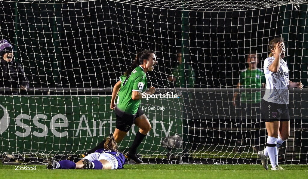 22 October 2022; Sadhbh Doyle of Peamount United celebrates after scoring her side's third goal during the SSE Airtricity Women's National League match between Peamount United and Wexford Youths at PRL Park in Greenogue, Dublin. Photo by Seb Daly/Sportsfile