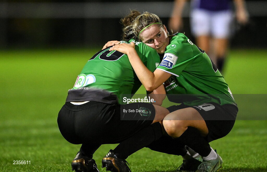 22 October 2022; Erin McLaughlin, right, and Karen Duggan of Peamount United after their side's drawn SSE Airtricity Women's National League match between Peamount United and Wexford Youths at PRL Park in Greenogue, Dublin. Photo by Seb Daly/Sportsfile