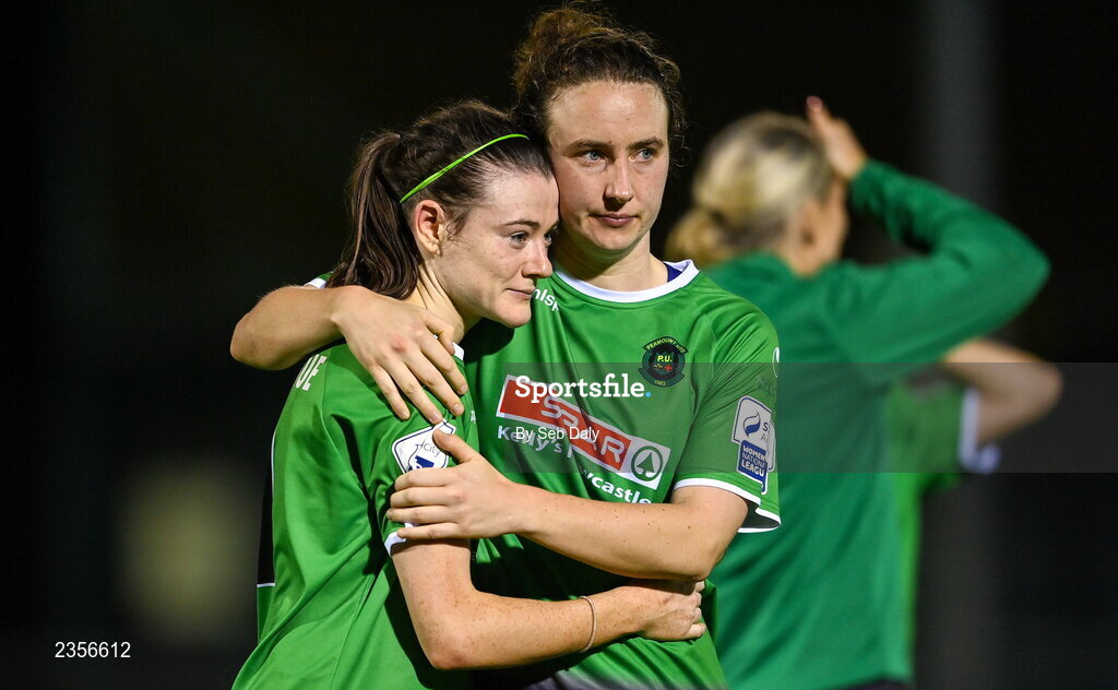 22 October 2022; Jetta Berrill, left, and Karen Duggan of Peamount United after their side's drawn SSE Airtricity Women's National League match between Peamount United and Wexford Youths at PRL Park in Greenogue, Dublin. Photo by Seb Daly/Sportsfile
