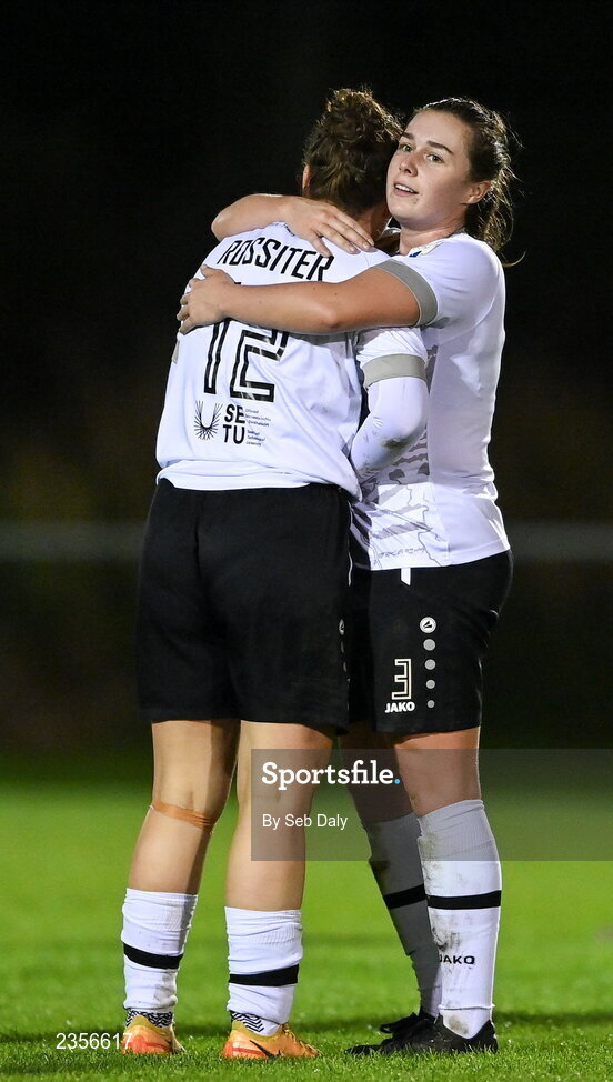 22 October 2022; Orlaith Conlon, right, and Ciara Rossiter of Wexford Youths after their side's drawn SSE Airtricity Women's National League match between Peamount United and Wexford Youths at PRL Park in Greenogue, Dublin. Photo by Seb Daly/Sportsfile
