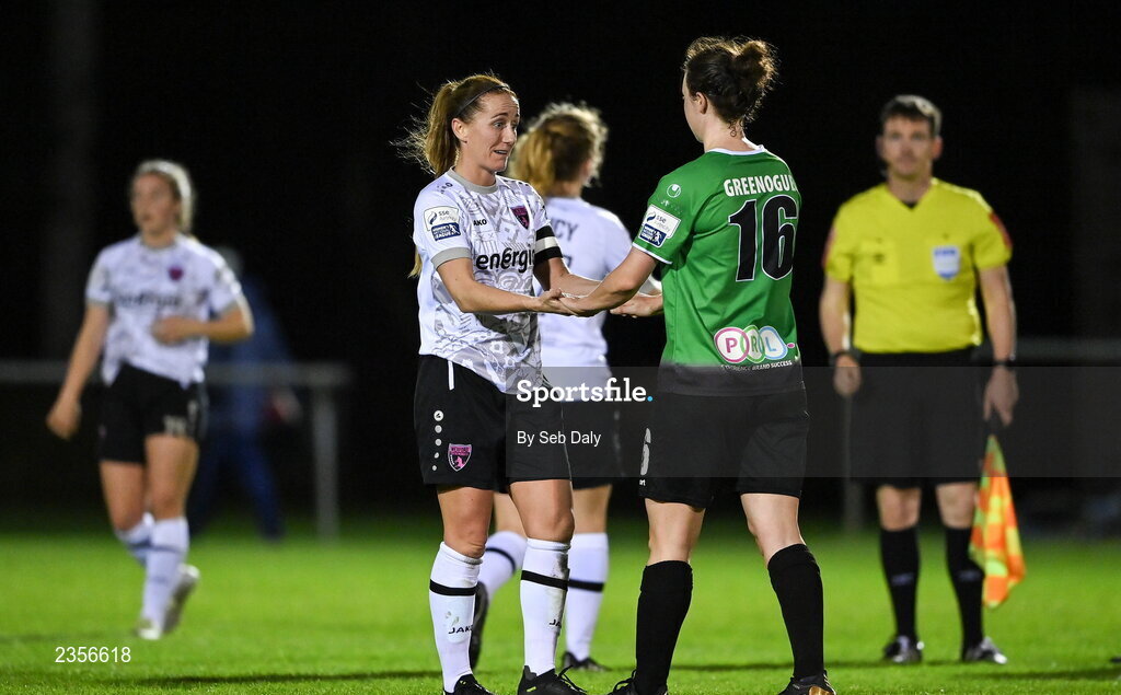 22 October 2022; Kylie Murphy of Wexford Youths, left, and Karen Duggan of Peamount United after the SSE Airtricity Women's National League match between Peamount United and Wexford Youths at PRL Park in Greenogue, Dublin. Photo by Seb Daly/Sportsfile