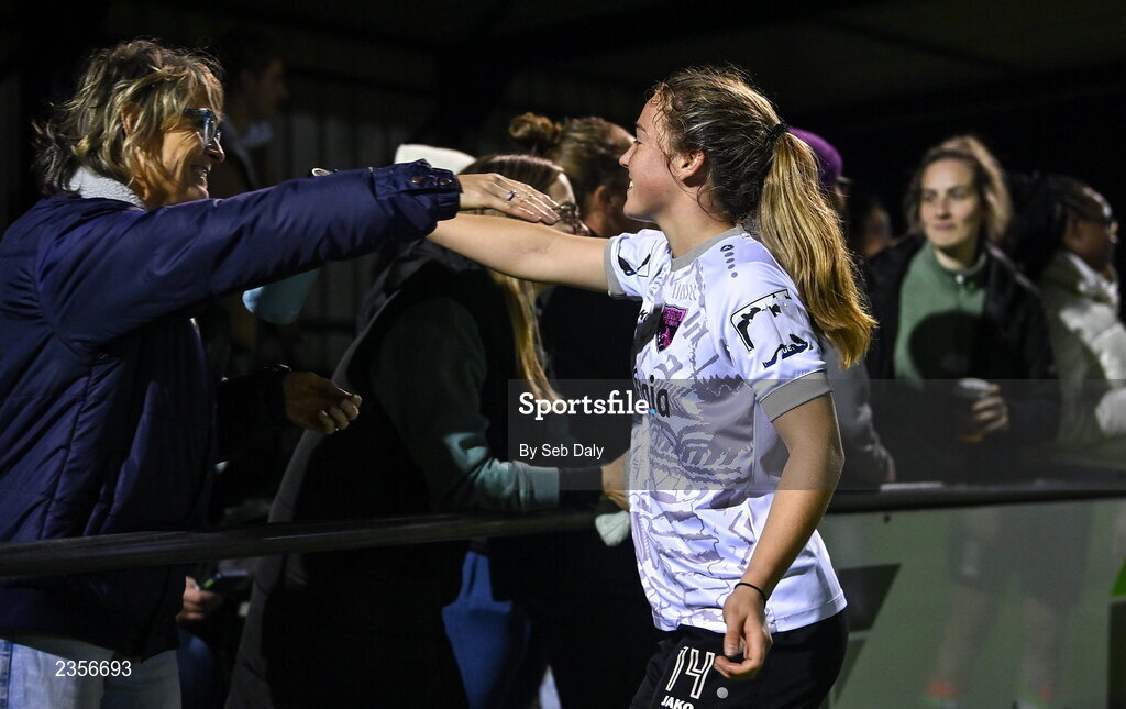 22 October 2022; Meabh Russell of Wexford Youths with supporters after the SSE Airtricity Women's National League match between Peamount United and Wexford Youths at PRL Park in Greenogue, Dublin. Photo by Seb Daly/Sportsfile